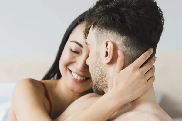 Beautiful Happy Asian Woman Tenderly Embracing Handsome Boyfriend — Stock Photo, Image
