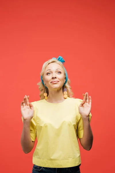 Happy Blonde Woman Blue Headband Standing Fingers Crossed Red — Stock Photo, Image