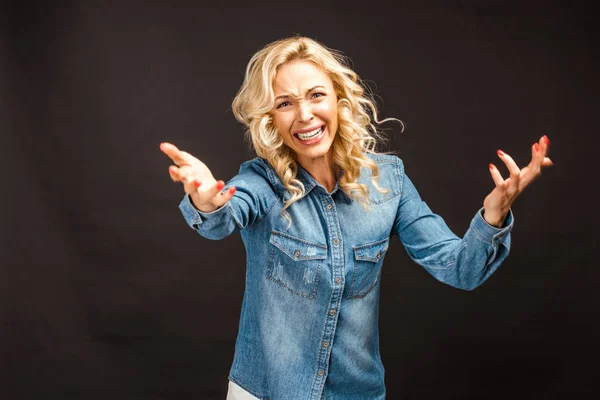 Frustrated Curly Blonde Woman Gesturing While Looking Camera Black — Stock Photo, Image