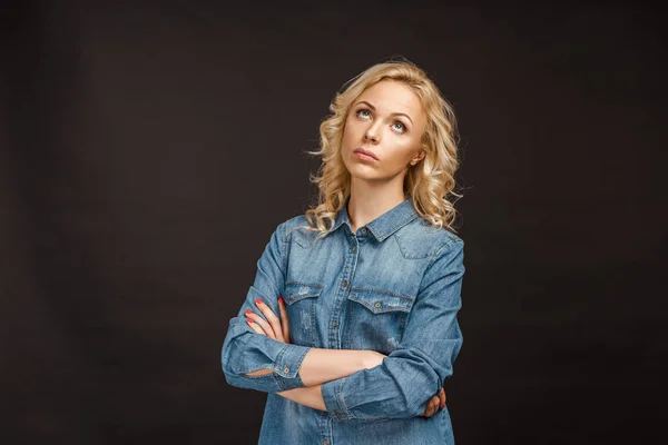 Sad Curly Blonde Woman Standing Crossed Arms Black — Stock Photo, Image