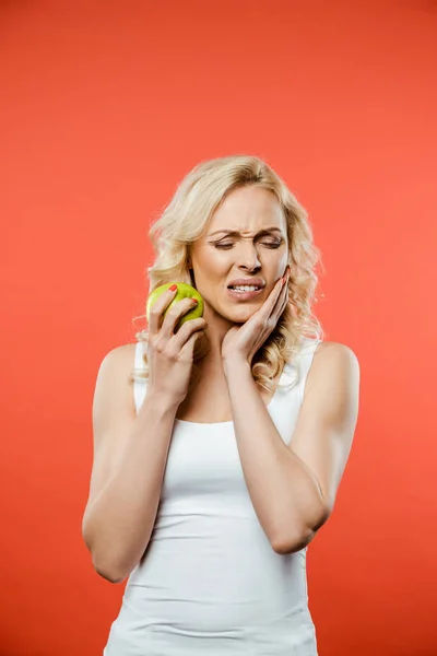 Attractive Woman Closed Eyes Holding Green Apple While Having Toothache — Stock Photo, Image