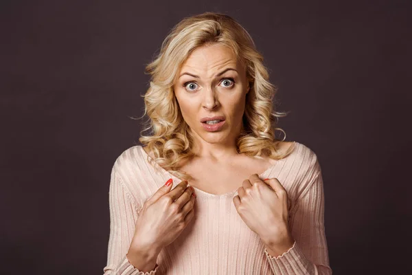 Offended Blonde Woman Looking Camera Gesturing Isolated Black — Stock Photo, Image