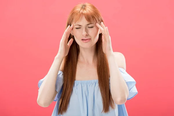 Front View Redhead Young Woman Headache Touching Head Isolated Pink — Stock Photo, Image