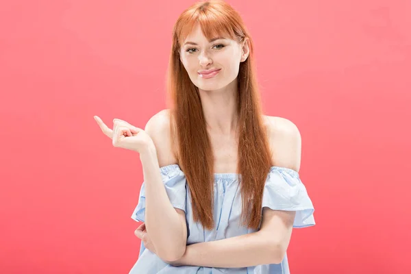 Front View Smiling Redhead Girl Looking Camera Isolated Pink — Stock Photo, Image