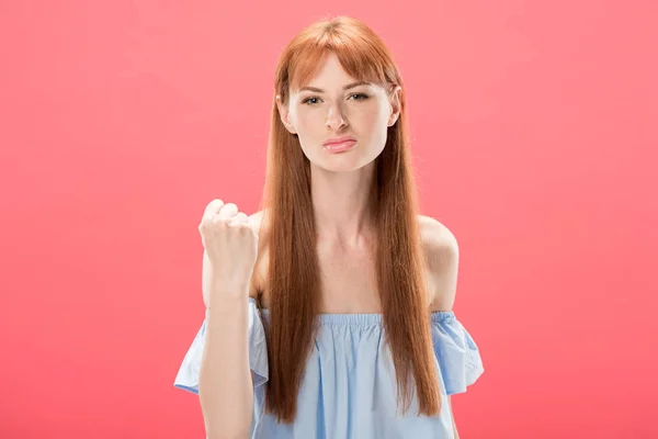 Front View Displeased Redhead Girl Looking Camera Showing Fist Isolated — Stock Photo, Image