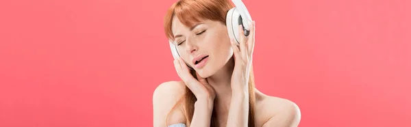 Panoramic Shot Attractive Redhead Woman Listening Music Headphones Closed Eyes — Stock Photo, Image