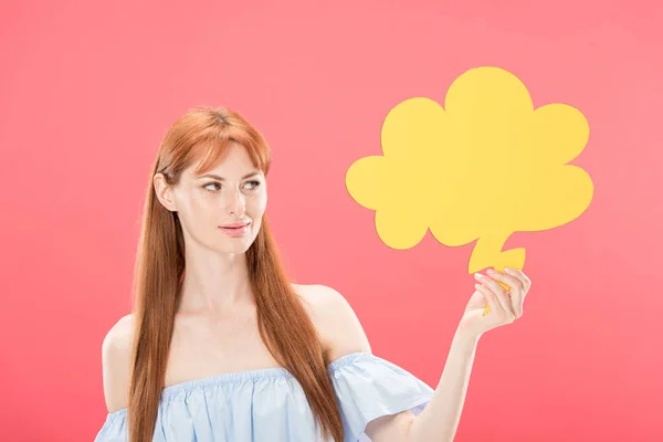 Attractive Redhead Young Woman Holding Empty Thought Bubble Isolated Pink — Stock Photo, Image