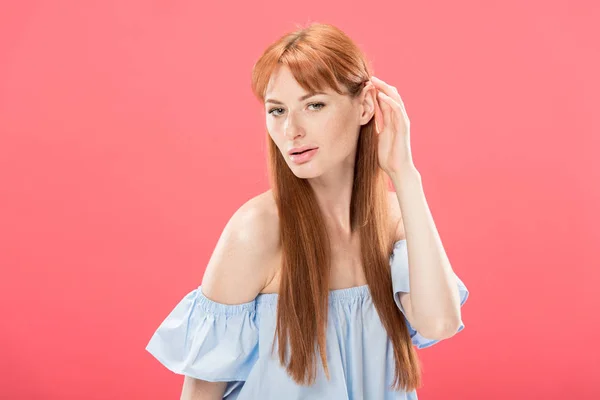 Sensual Redhead Girl Touching Hair Looking Camera Isolated Pink — Stock Photo, Image