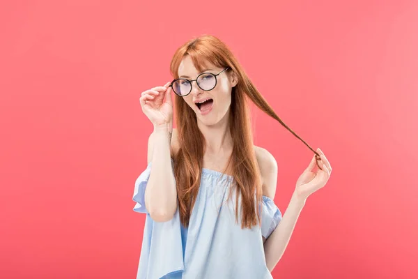 Smiling Redhead Girl Glasses Stylish Blouse Playing Hair Looking Camera — Stock Photo, Image