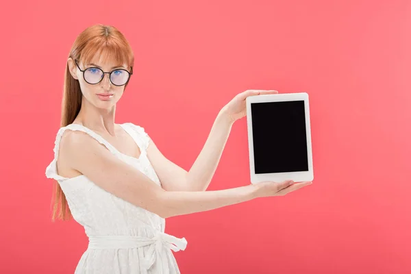 Beautiful Redhead Girl Glasses White Dress Holding Digital Tablet Blank — Stock Photo, Image