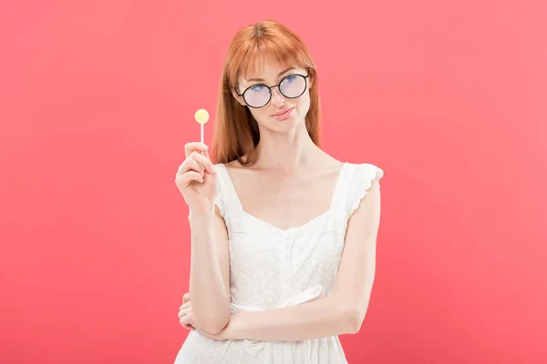 Attractive Redhead Young Woman Glasses White Dress Holding Lollipop Isolated — Stock Photo, Image