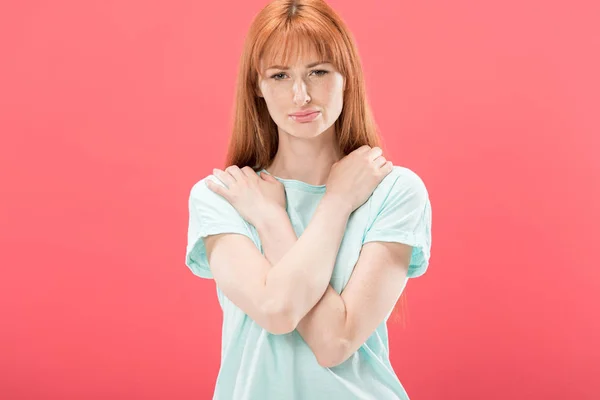 Front View Upset Redhead Girl Shirt Looking Camera Isolated Pink — Stock Photo, Image
