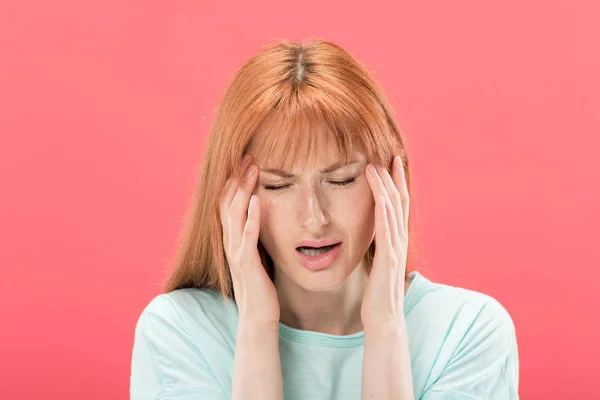 Front View Young Redhead Woman Shirt Headache Touching Head Isolated — Stock Photo, Image