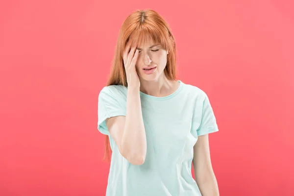 Front View Young Redhead Woman Shirt Headache Touching Head Isolated — Stock Photo, Image