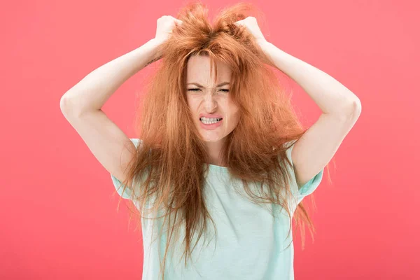 Angry Redhead Woman Tangled Hair Waving Hands Isolated Pink — Stock Photo, Image