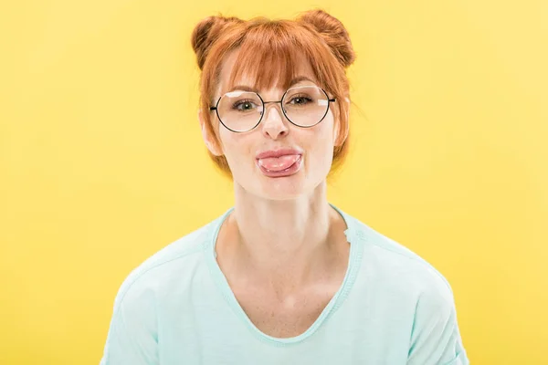 Front View Cheerful Redhead Girl Glasses Sticking Out Tongue Looking — Stock Photo, Image