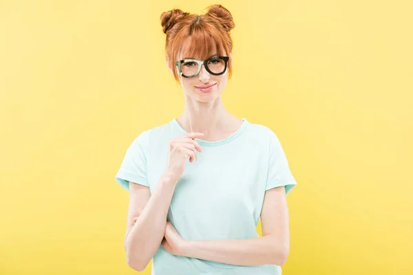 Front View Smiling Redhead Girl Shirt Holding Toy Glasses Looking — Stock Photo, Image