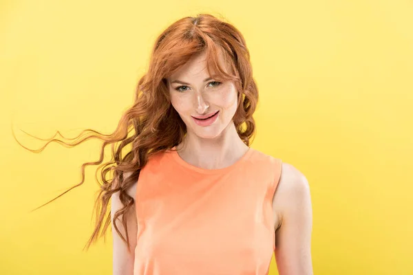 Front View Smiling Curly Redhead Woman Looking Camera Isolated Yellow — Stock Photo, Image