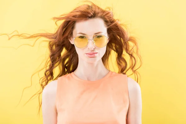 Front View Serious Curly Redhead Woman Sunglasses Isolated Yellow — Stock Photo, Image