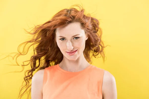Front View Smiling Curly Redhead Woman Looking Camera Isolated Yellow — Stock Photo, Image