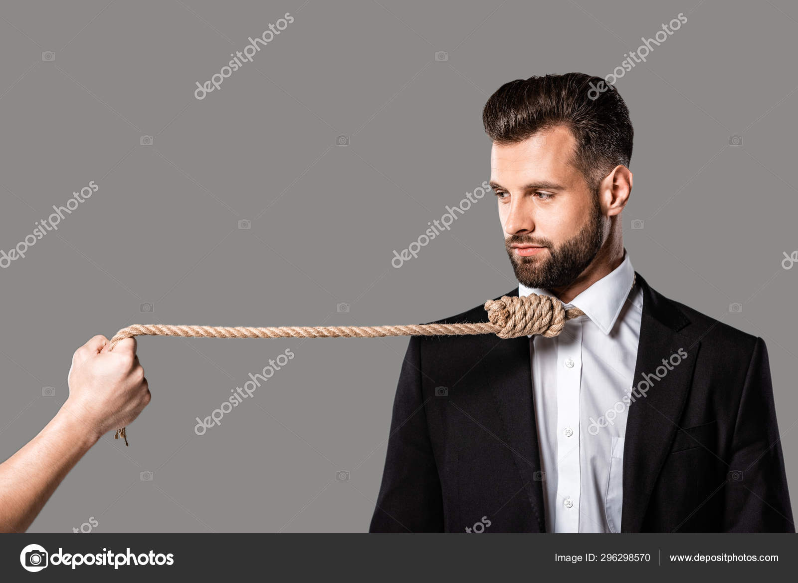 Depressed Businessman Black Suit Noose Neck Looking Murderer Rope Isolated  Stock Photo by ©DmitriyAnaniev 296298570