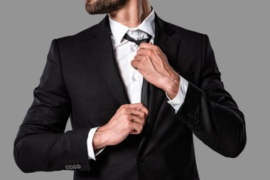 gri izole kravat dokunmadan siyah takım elbise şık yakışıklı işadamı kırpılmış görünümü