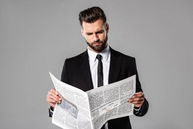 siyah takım elbiseli ciddi işadamı gri izole gazete okuma