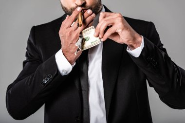 cropped view of rich businessman in black suit lighting up cigar from burning dollar banknote isolated on grey clipart