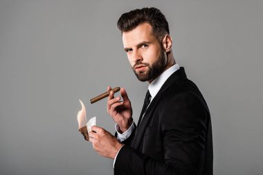 gri izole dolar banknot yanan puro kadar aydınlatma siyah takım elbiseli zengin işadamıyan görünümü
