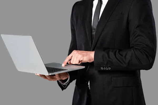 Partial View Businessman Black Suit Using Laptop Isolated Grey — Stock Photo, Image