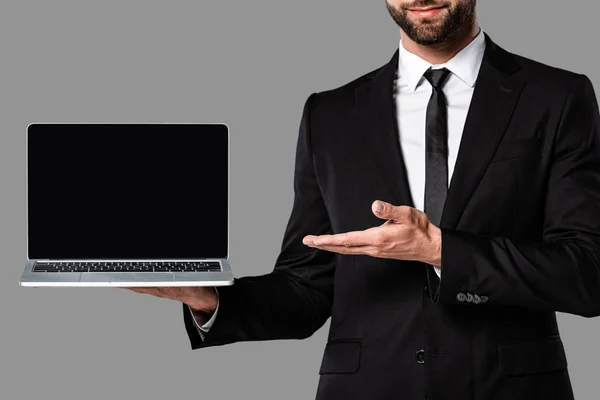 Cropped View Businessman Black Suit Pointing Hand Laptop Blank Screen — Stock Photo, Image