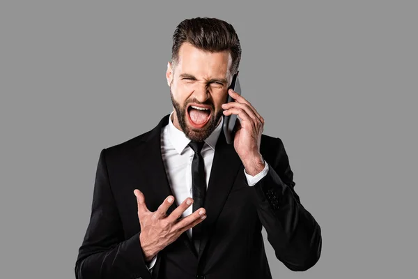 Aggressive Boss Black Suit Yelling While Talking Smartphone Isolated Grey — Stock Photo, Image