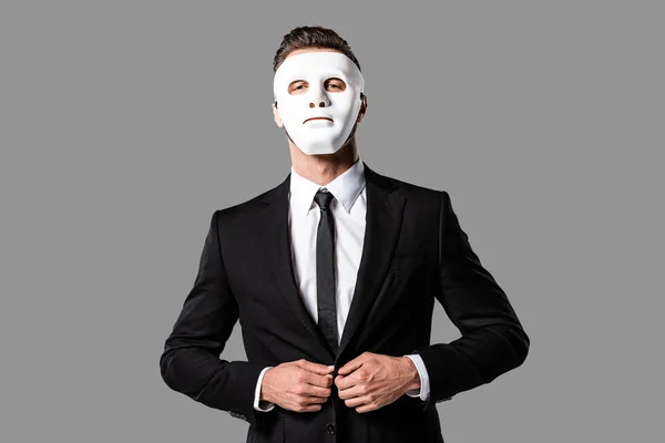 Bel Homme Affaires Confiant Costume Noir Masque Blanc Isolé Sur — Photo