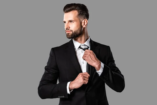 Eleganter Geschäftsmann Schwarzen Anzug Der Isoliert Auf Grau Blickt — Stockfoto