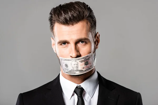 Businessman Black Suit Dollar Banknote Mouth Isolated Grey — Stock Photo, Image