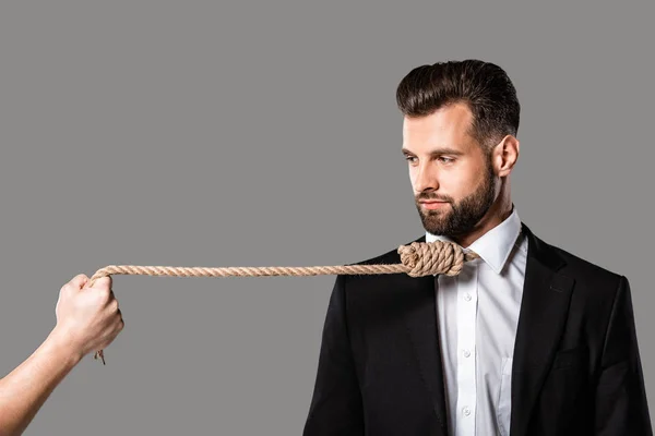 Depressed Businessman Black Suit Noose Neck Looking Murderer Rope Isolated — Stock Photo, Image