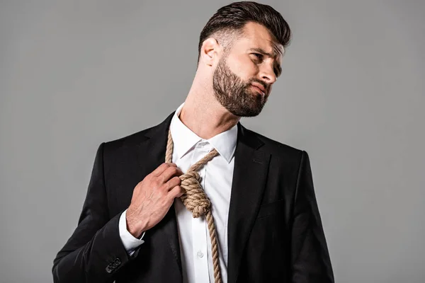 Depressed Businessman Black Suit Touching Noose Neck Isolated Grey — Stock Photo, Image