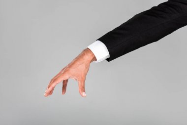 cropped view of businessman hand gesturing isolated on grey clipart