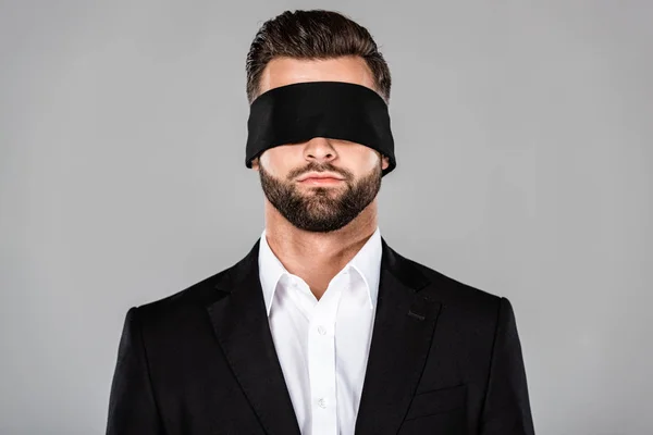 Bearded Handsome Blindfolded Businessman Black Suit Isolated Grey — Stock Photo, Image