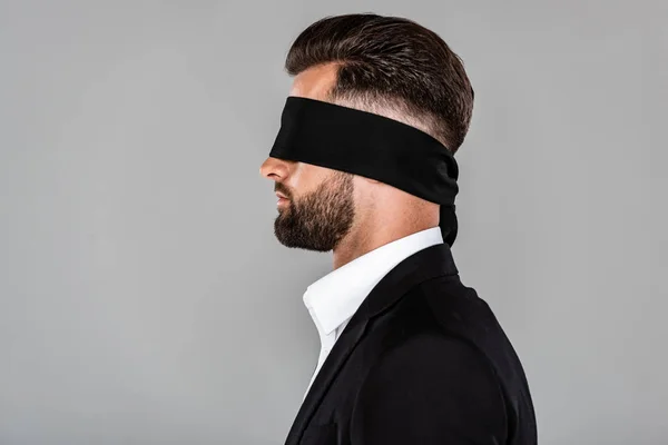 Side View Blindfolded Businessman Black Suit Isolated Grey — Stock Photo, Image