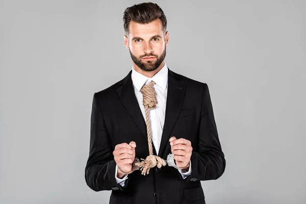 Handsome Businessman Black Suit Handcuffs Noose Neck Isolated Grey — Stock Photo, Image