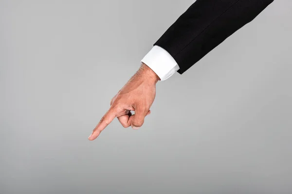 Частковий Вид Бізнесмена Який Вказує Пальцем Ізольовано Сірому — стокове фото