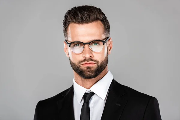 Retrato Empresario Exitoso Traje Negro Gafas Aisladas Gris — Foto de Stock