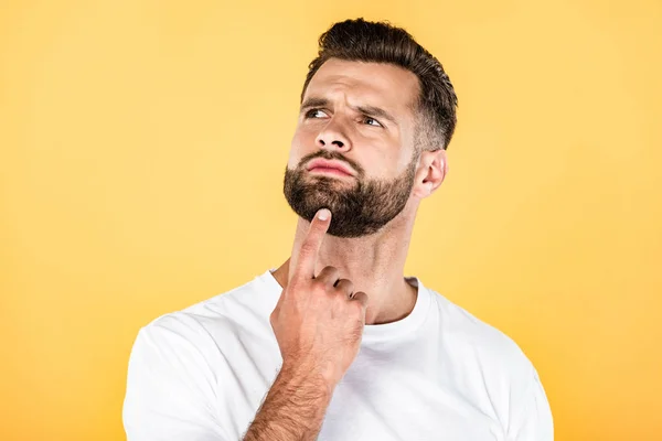 Pensive Handsome Man White Shirt Looking Away Isolated Yellow — Stock Photo, Image