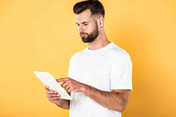 Handsome Man White Shirt Using Digital Tablet Isolated Yellow — Stock Photo, Image