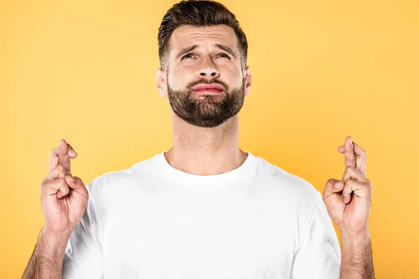 Handsome Man White Shirt Crossed Fingers Looking Isolated Yellow — Stock Photo, Image