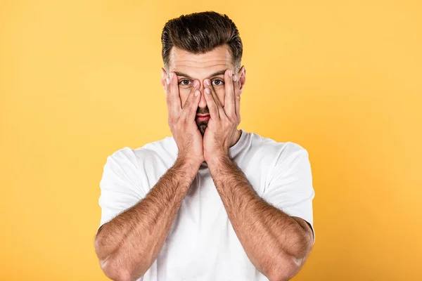 Funny Handsome Man White Shirt Hands Face Isolated Yellow — Stock Photo, Image