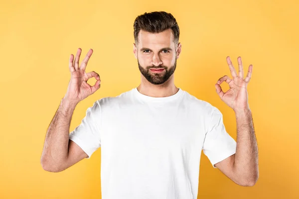 Handsome Man White Shirt Showing Signs Isolated Yellow — Stock Photo, Image