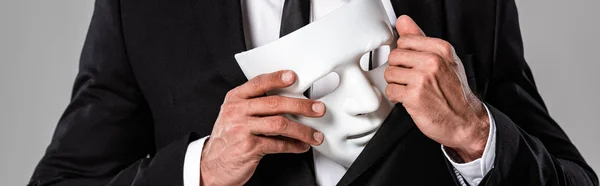 Cropped View Businessman Black Suit Holding White Mask Isolated Grey — Stock Photo, Image