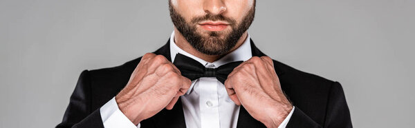 cropped view of elegant man in black suit fixing bow tie isolated on grey, panoramic shot